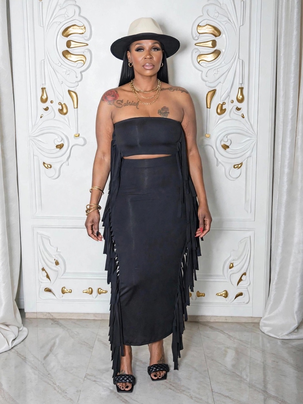 2 piece Black Fringe Midi Skirt - Women's Sleek Statement Skirt Set